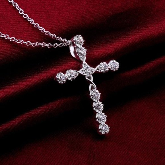 Sterling Silver CZ Diamond Cross Necklace - Picture 1 of 5